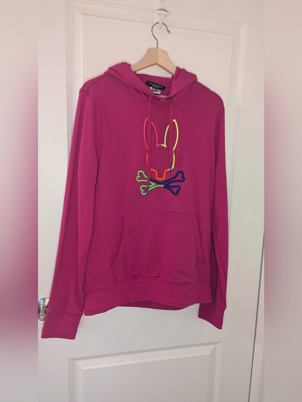 Psycho Bunny Men's Magenta Neon Graphic Skull Bunny Hoodie - Size Small